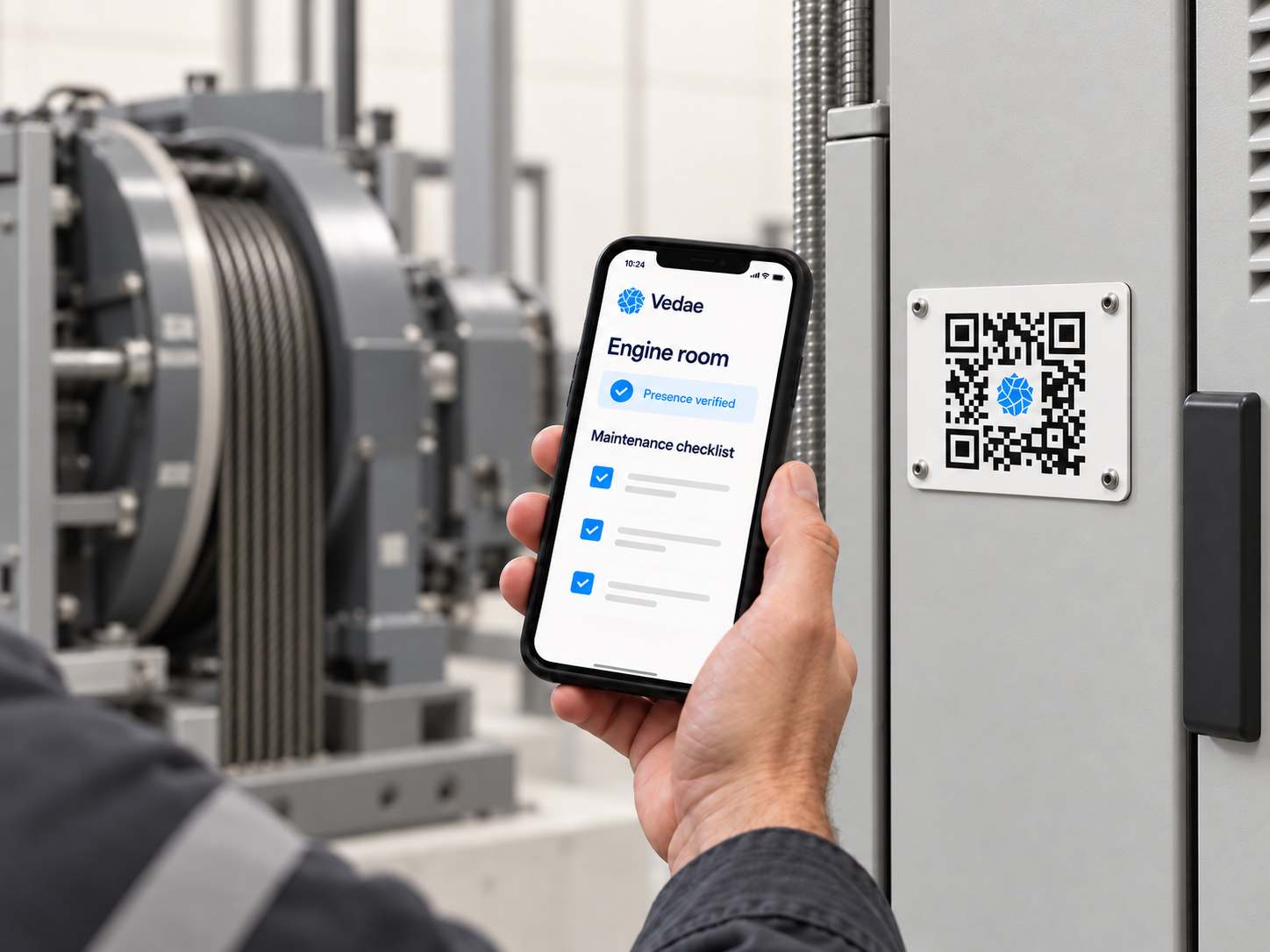 Technician holding a phone displaying the Engine room maintenance checklist beside a Vedae QR tag